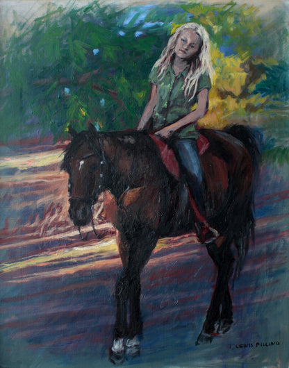 Landscape oil painting of young girl riding a horse. Horse and rider are bathed in sunlight. 