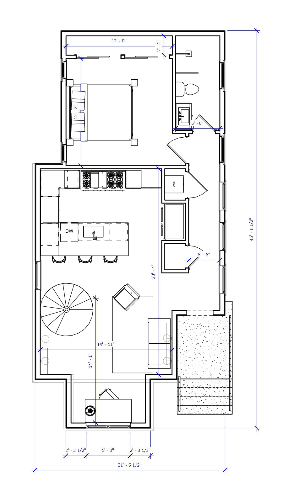 ADU No.22 main floor plan with circular staircase, open kitchen with bar seating, and light-filled great room by Authentic Homes in Utah.