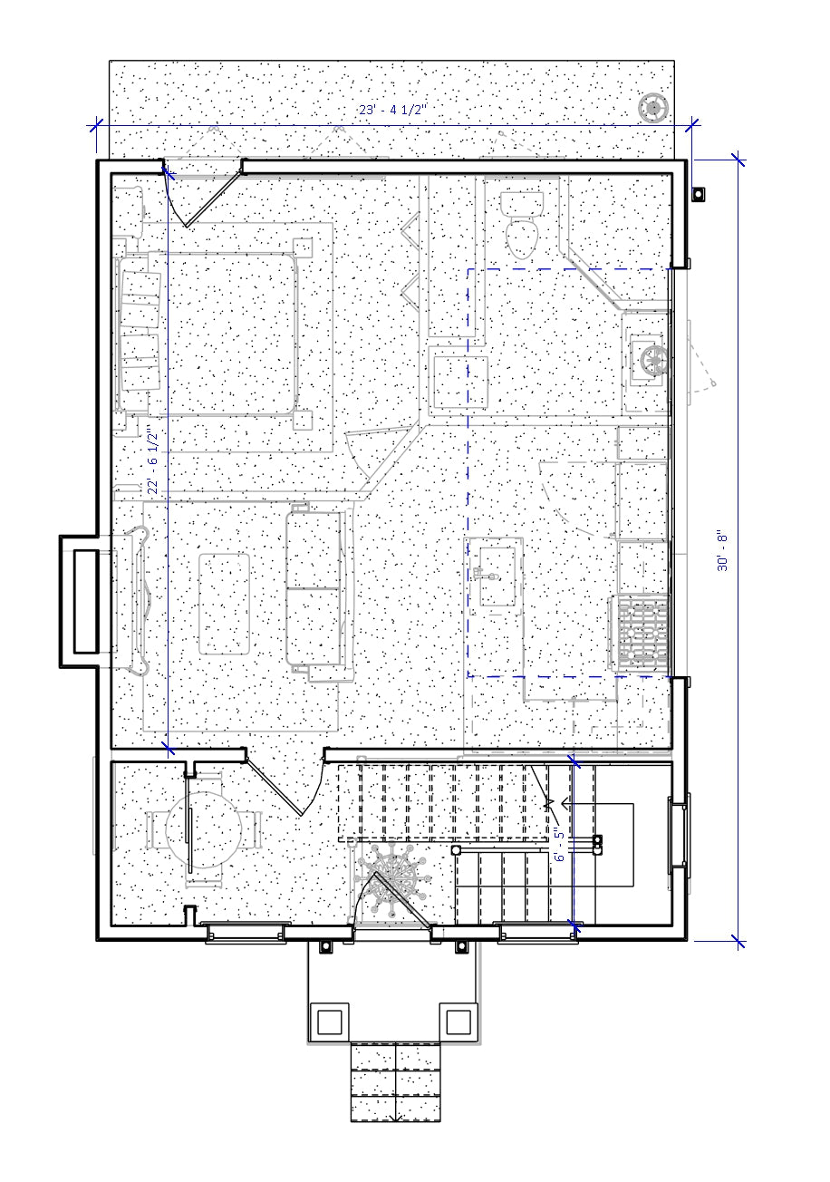 Floor plan of ADU No.29 featuring one bedroom, one bathroom, and a vaulted ceiling great room. Includes dining area, fireplace, and stair access.