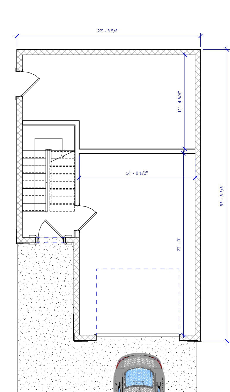 ADU No.38 lower level floor plan featuring one-car garage, entryway, stair access, and storage space. Ideal for compact Utah home construction.