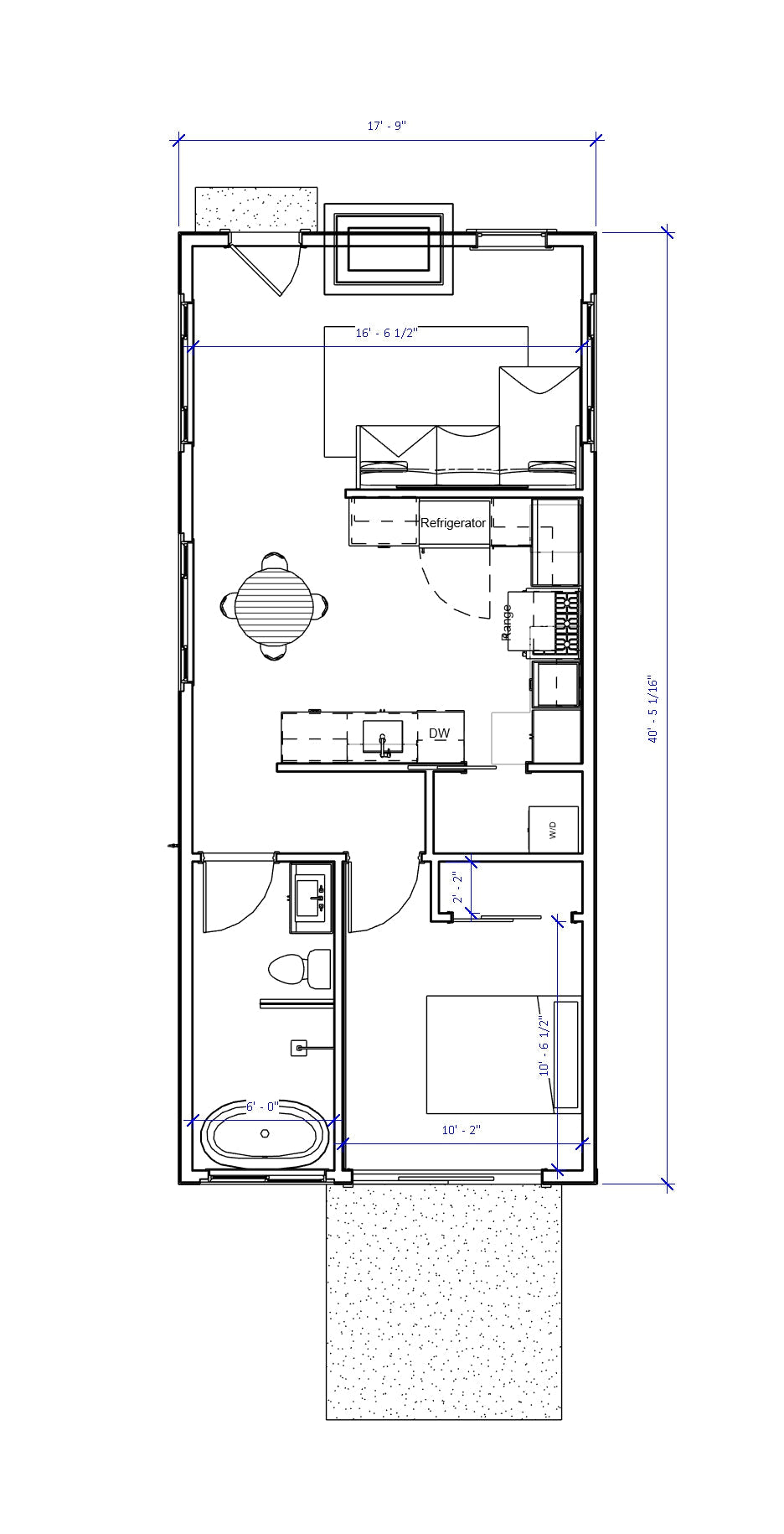 ADU No.40 house plan by Authentic Homes featuring a one-level cottage layout with a fireplace, great room, dining area, and luxury bathroom.