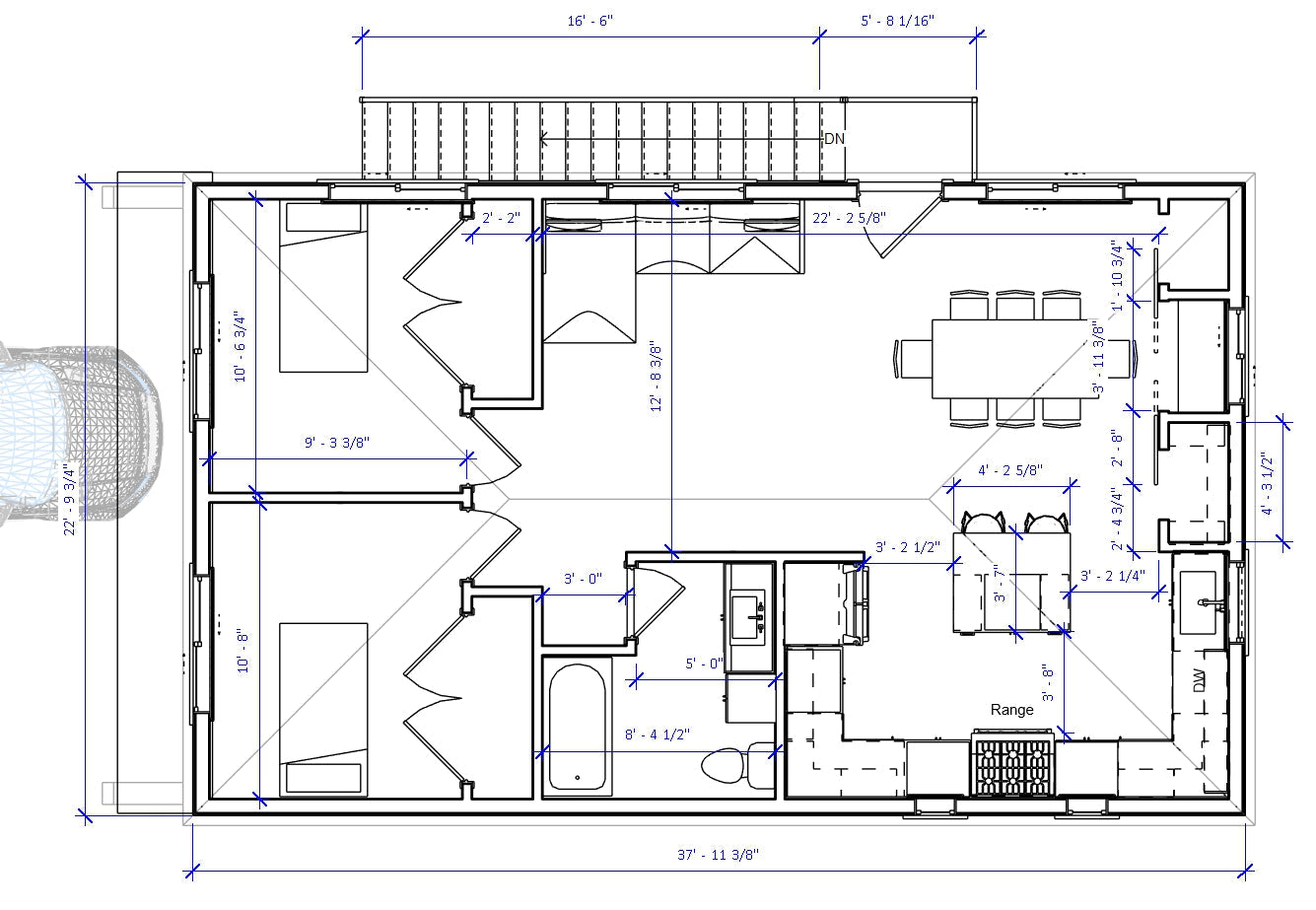 Floor plan for ADU No.18 by Authentic Homes in Utah, featuring two bedrooms, one bathroom, a one-car garage, and prairie-style layout.