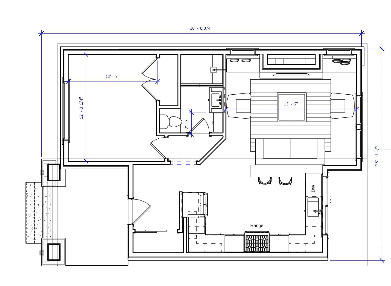 ADU No.26 house plan by Authentic Homes featuring a vaulted great room, full kitchen with bar seating, and compact 1-bedroom layout under 750 sq ft.