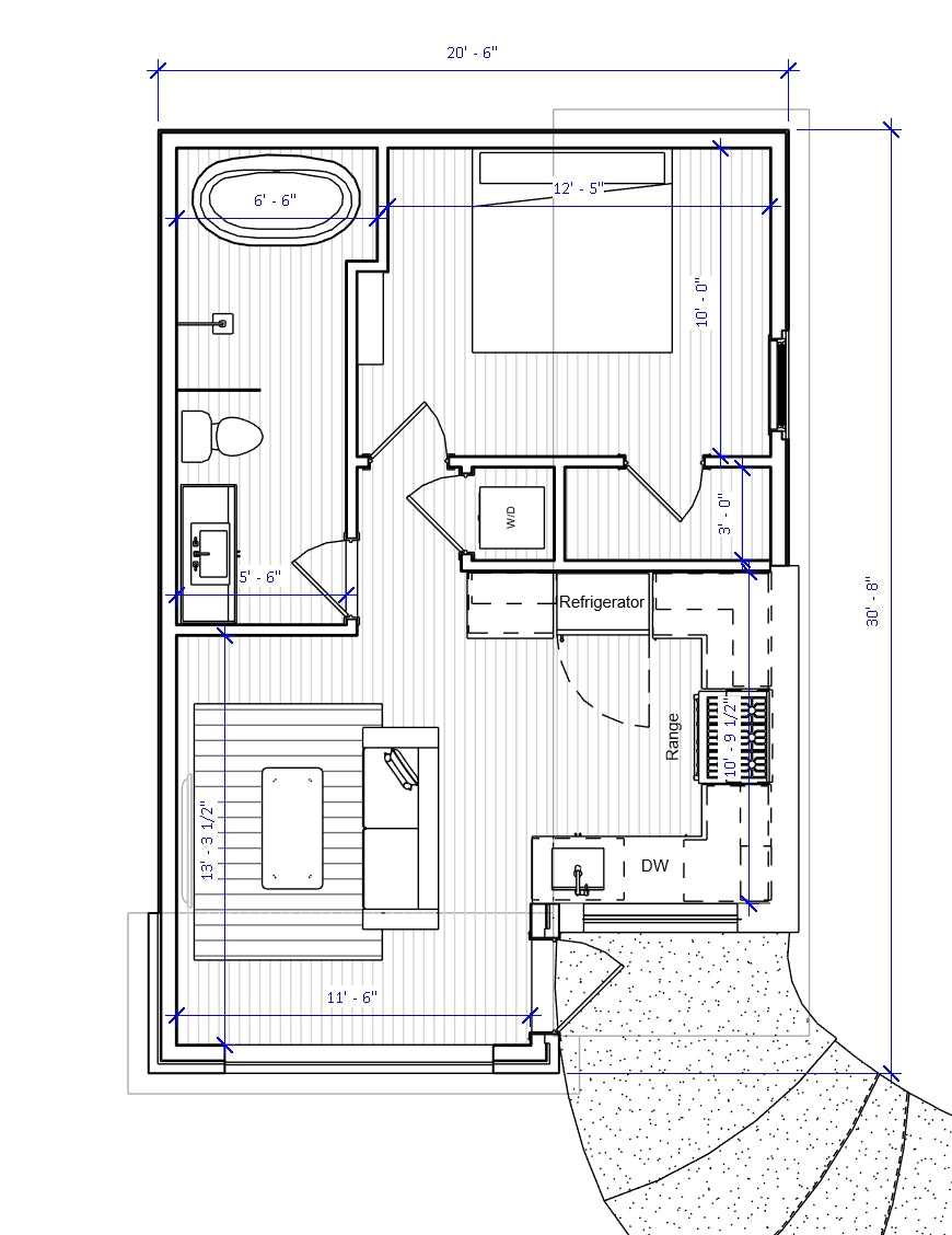 Authentic Homes - ADU house plan and building in Utah featuring 1 bedroom, standalone tub, walk-in closet, and vaulted ceilings in 500-750 sq ft layout.