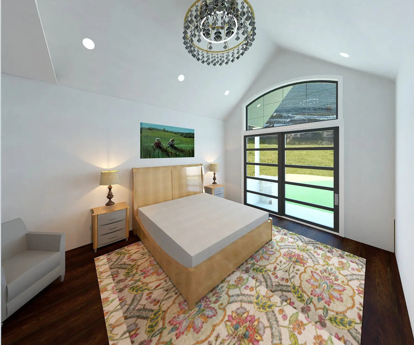 beautiful bedroom with glass door and vault