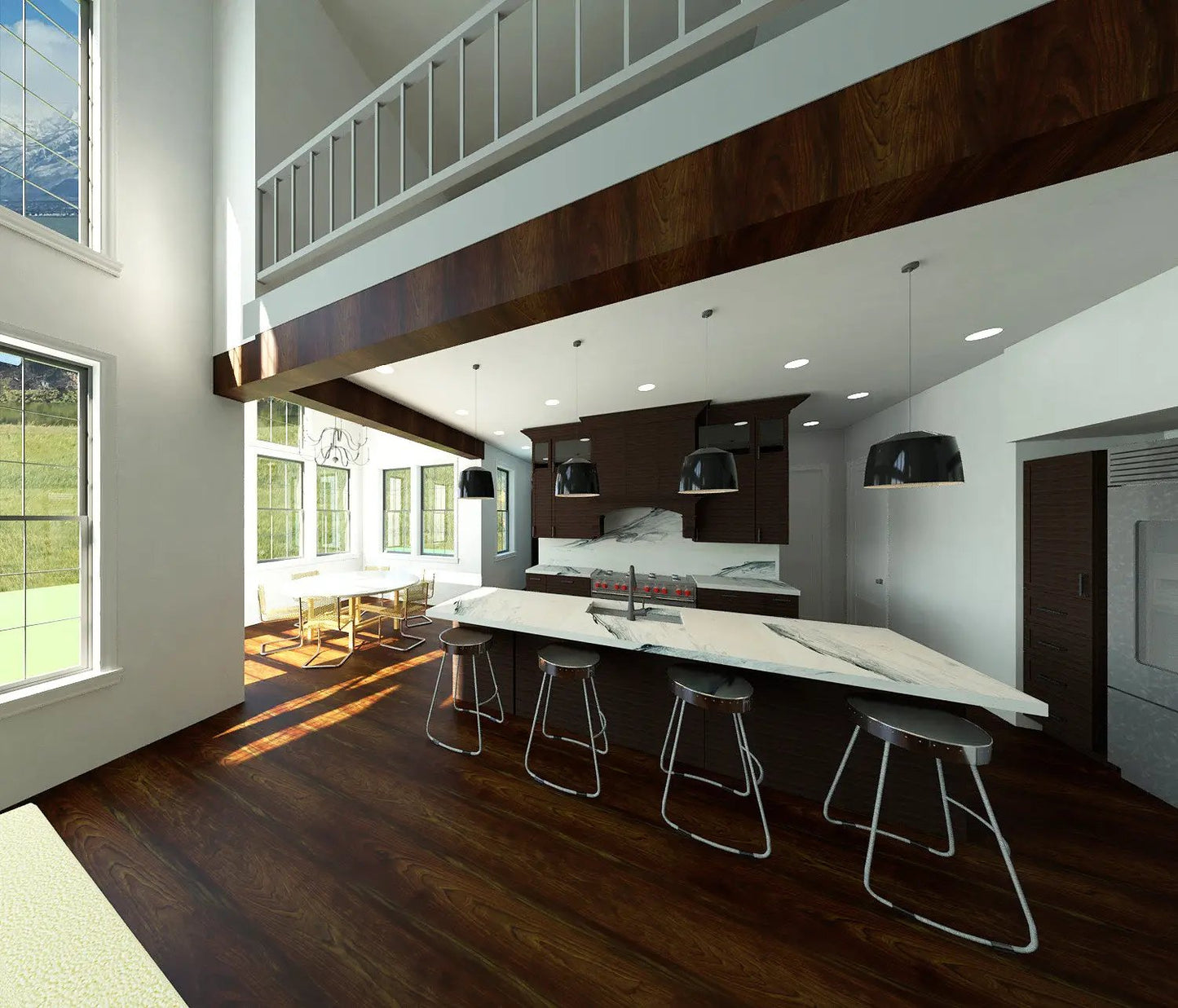 kitchen with timbered ceiling and built in hutch
