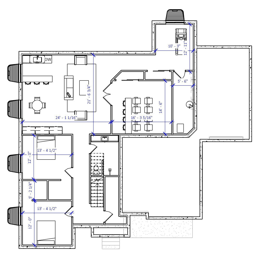 Craftsman No.9 house plan main floor layout with open kitchen, dining area, and vaulted living room with fireplace. Includes office and garage access.