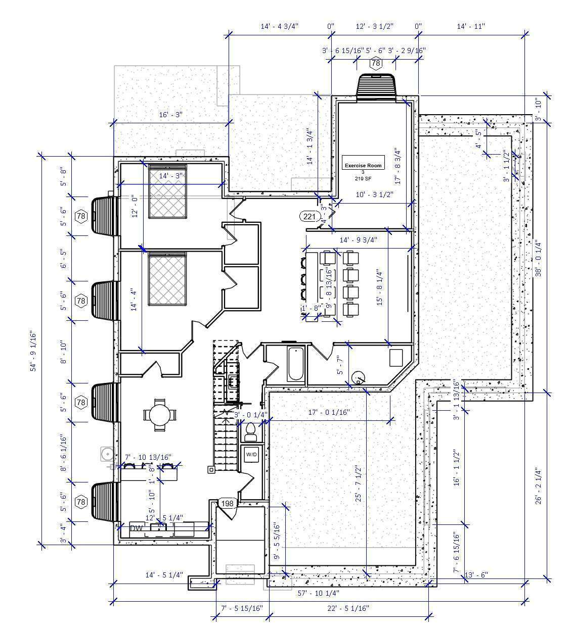 Detailed house plan with multiple bedrooms, kitchen, dining area, bathroom, staircase, and outdoor spaces, featuring precise measurements