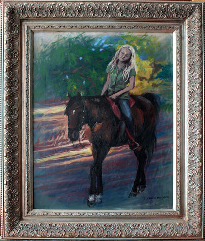 Landscape oil painting of young girl riding a horse. Horse and rider are bathed in sunlight. 