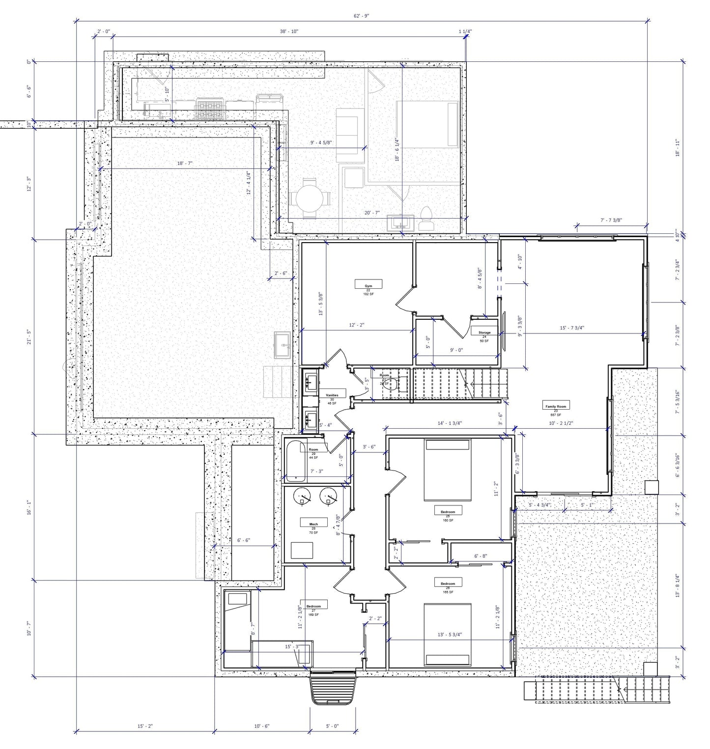 Authentic Homes FARMHOUSE house plan in Utah featuring vaulted ceilings, 4 bedrooms, 2 bathrooms, and open living areas with fireplace and kitchen island.