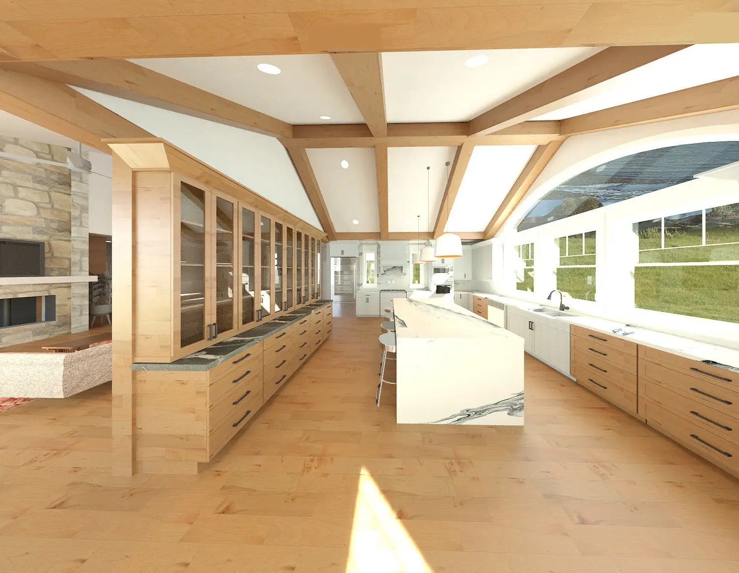 kitchen with timbered ceiling and built in hutch