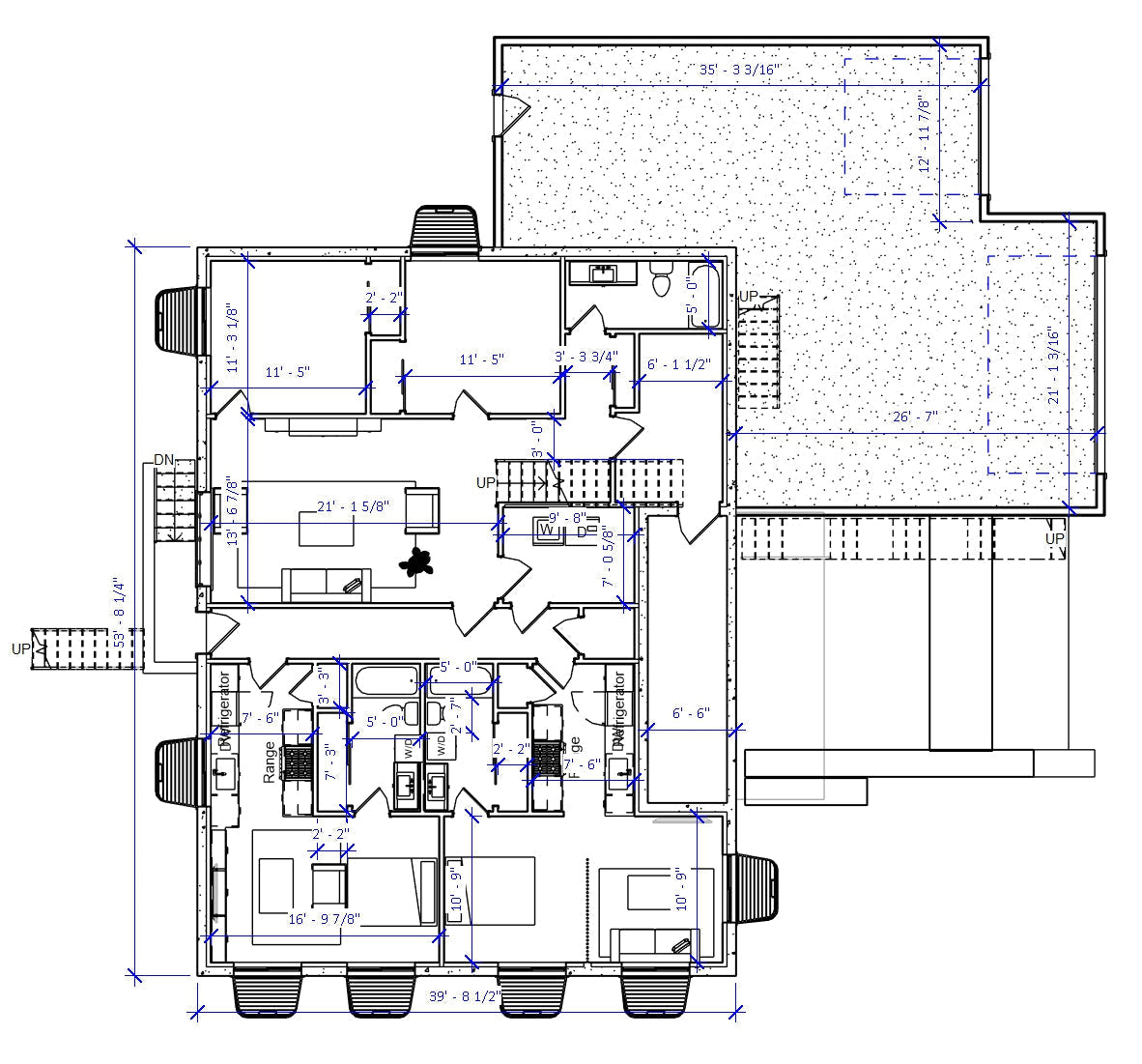 Rustic Farmhouse house plan layout with spacious light-filled rooms, large kitchen, and hidden pantry. Ideal for building in Utah.