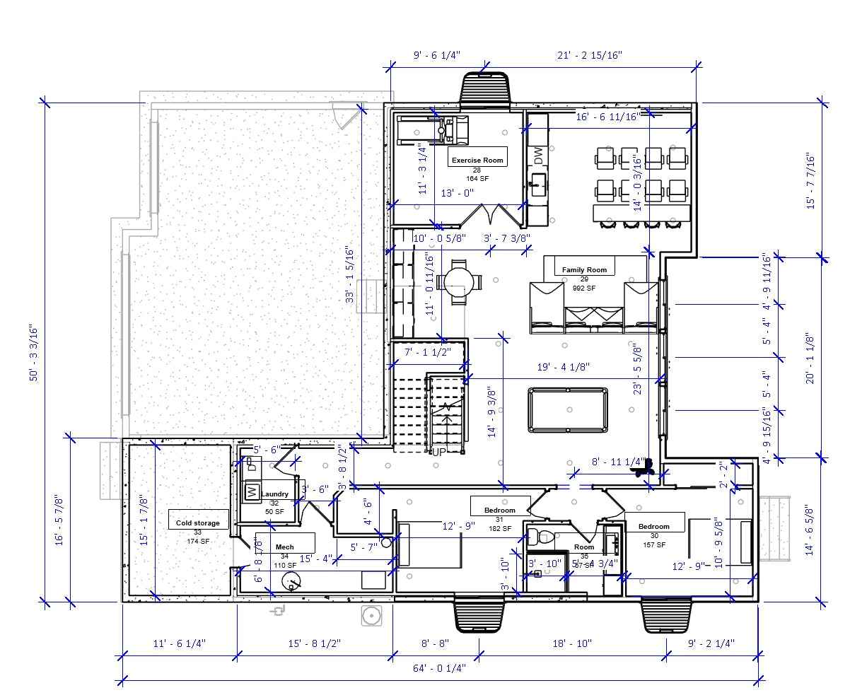 Lower level floor plan with kitchen, dining, and family room in farmhouse