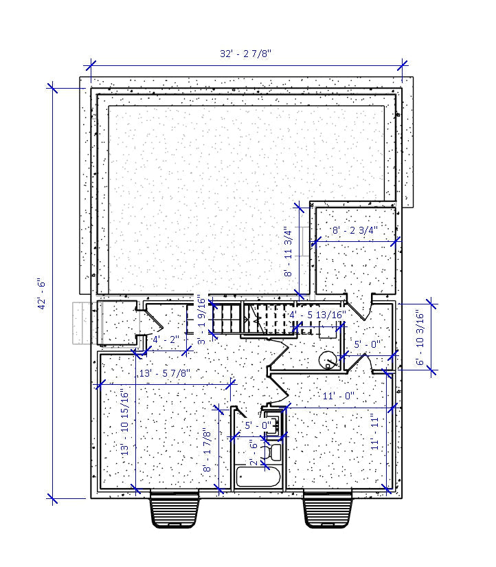 Farmhouse No.20 lower level floor plan with labeled dimensions, ideal for small lot construction in SLC Utah by Authentic Homes.