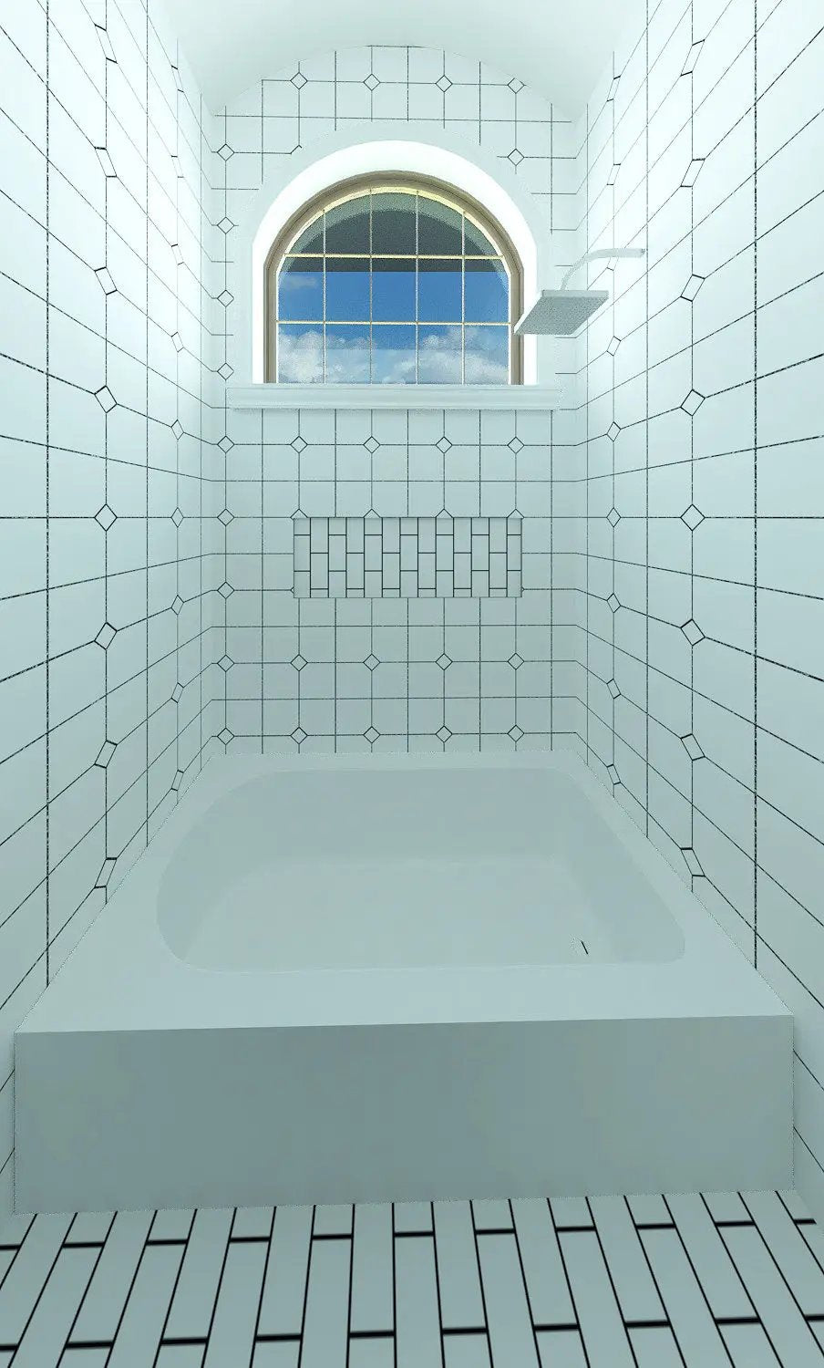 creative bathtub area with arched window