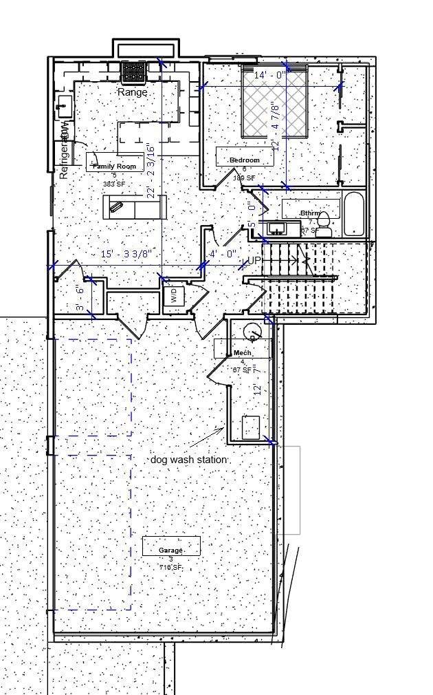 Basement floor plan of Modern No.20 house by Authentic Homes, featuring ADU with bedroom, family room, kitchen, bath, and garage with dog wash station.