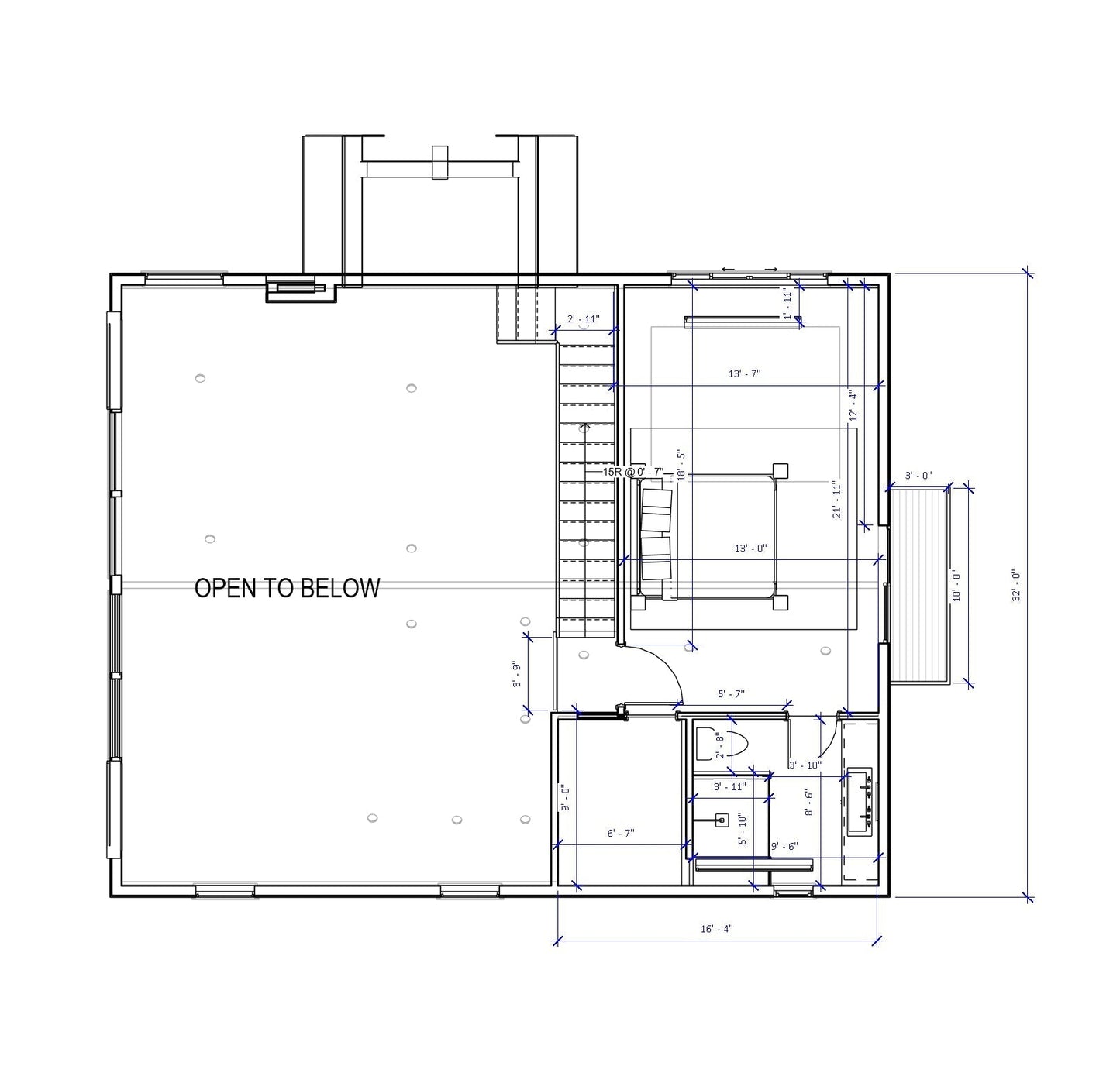 Upper floor layout of Mountain No.13 house plan featuring vaulted two-story living room, private owner's suite, and large covered deck access.