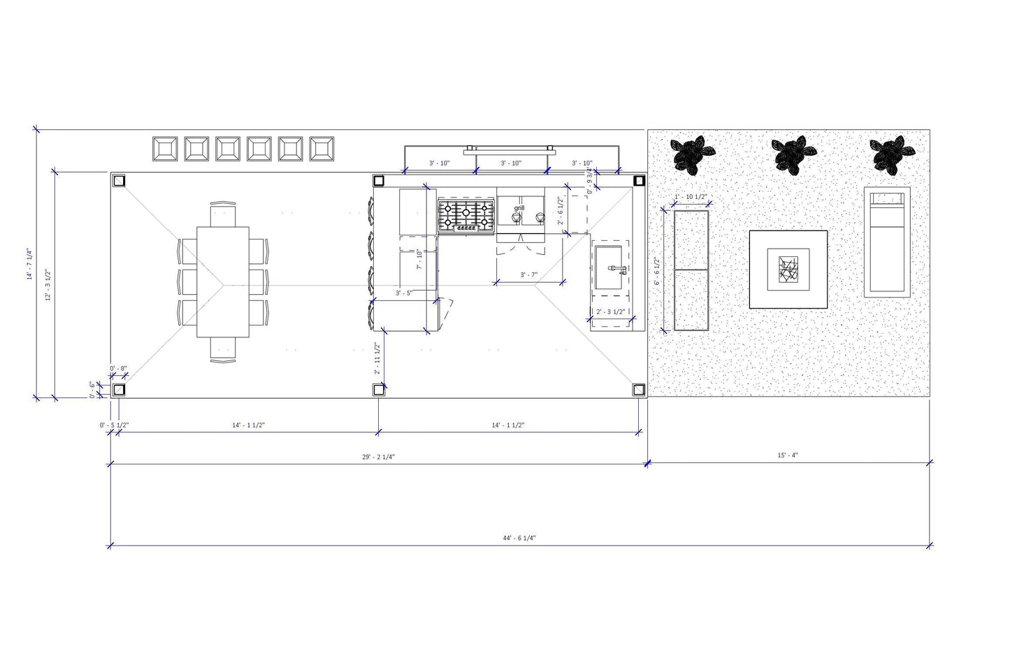 Pavilion No.1 house plan featuring an outdoor dining area with kitchen, bar seating, and fire pit layout for backyard construction projects.