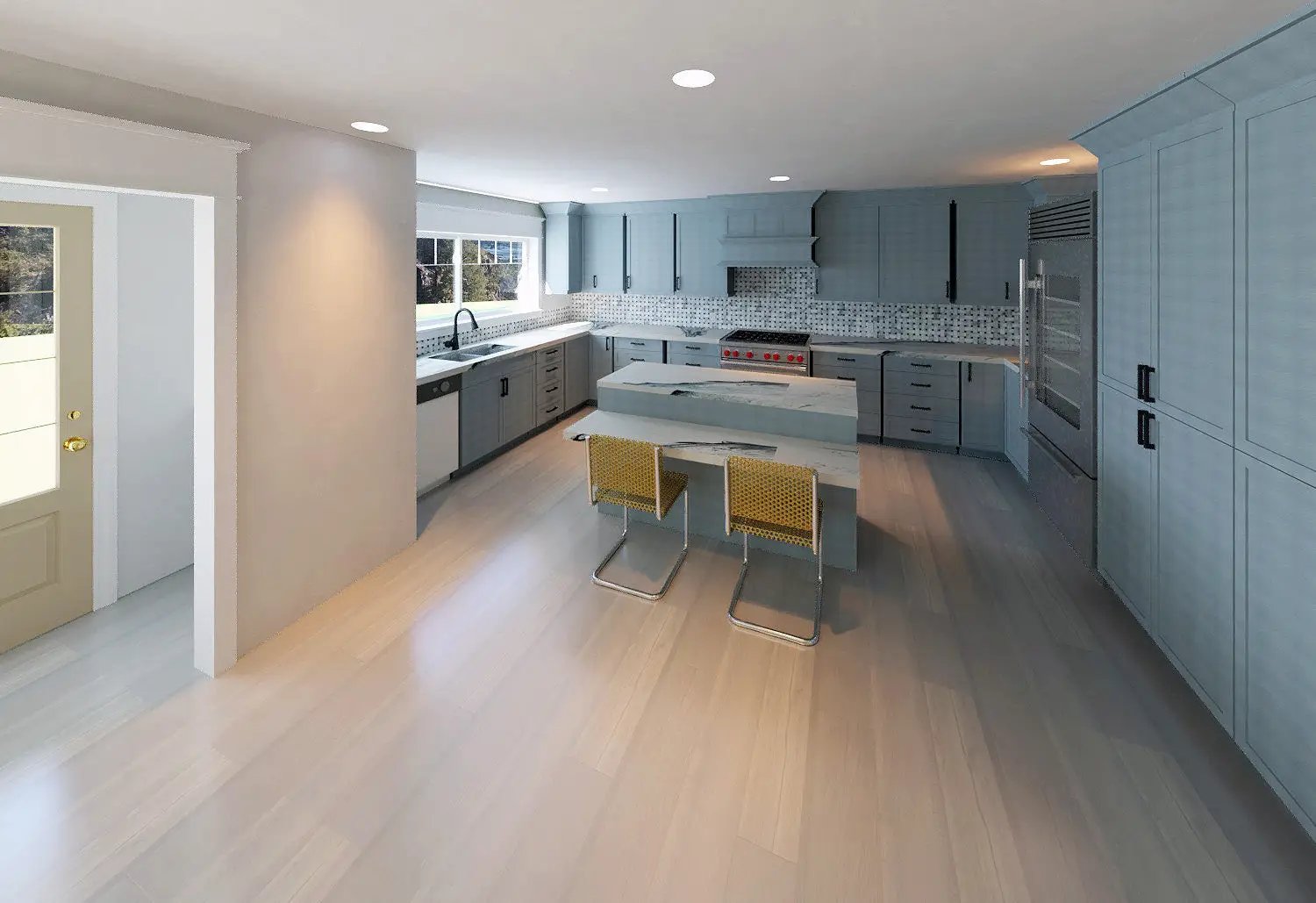 kitchen with windows over sink and wheelchair accessible seating