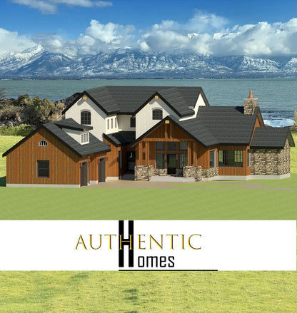 a rendering of a house with mountains in the background