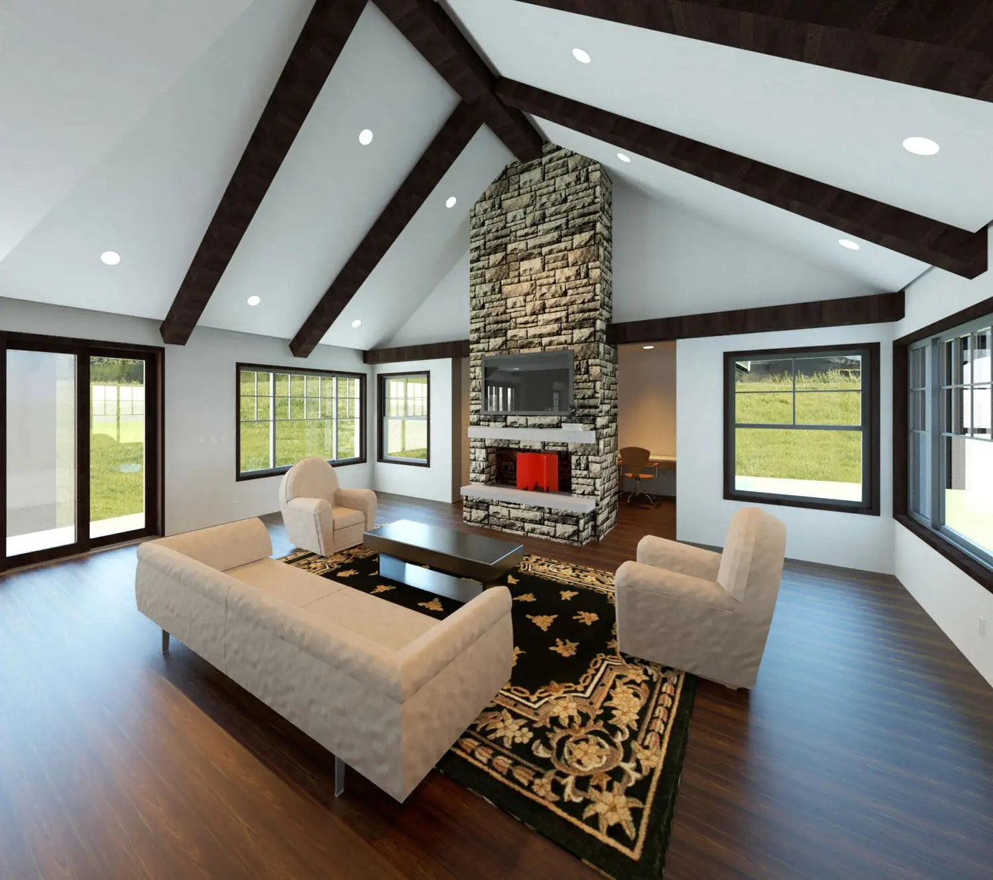 a living room filled with furniture and a fire place