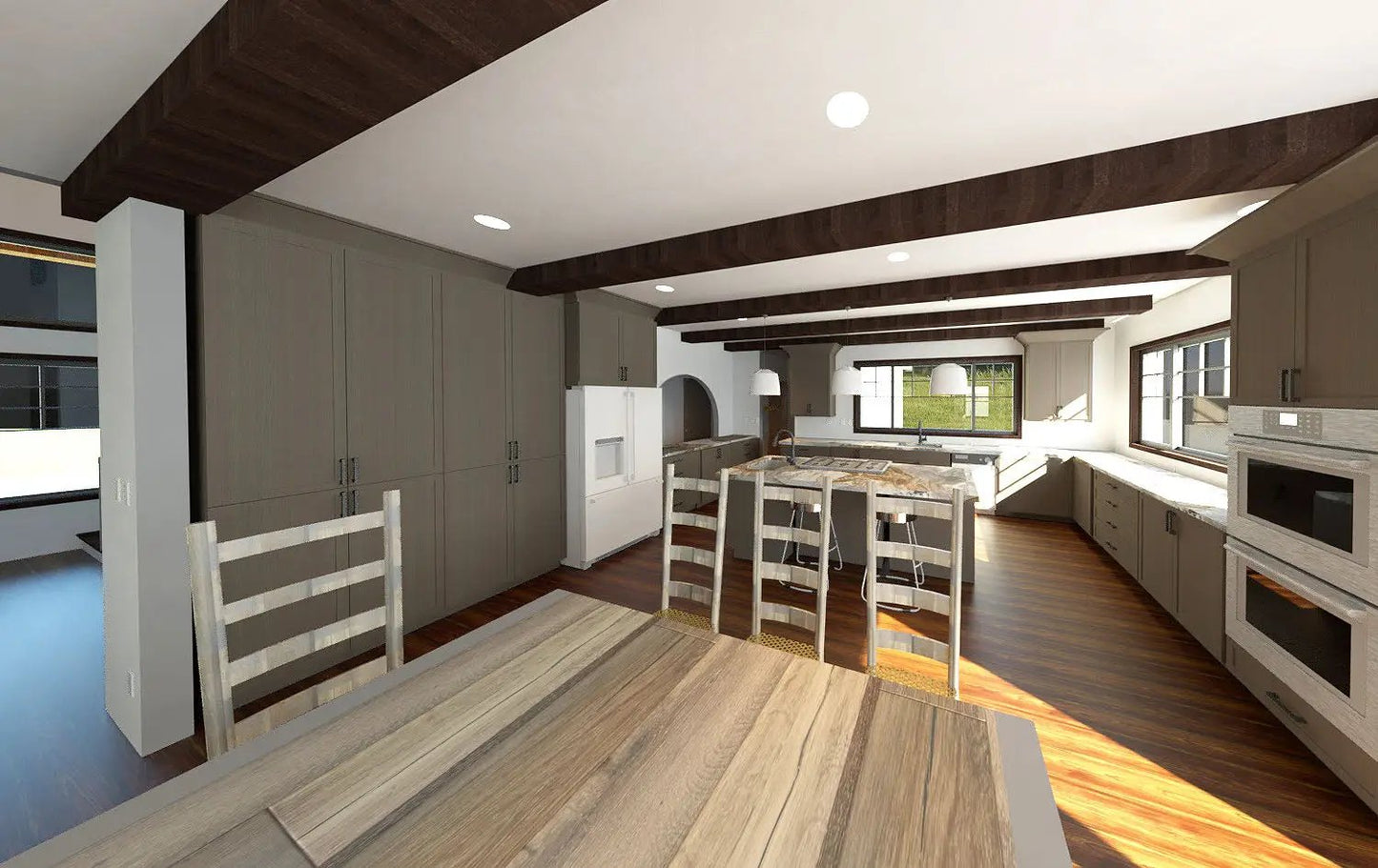 a rendering of a kitchen with a table and chairs