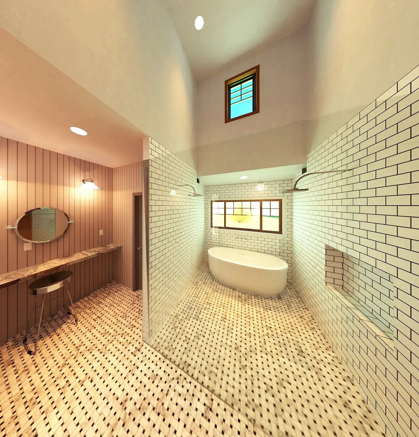 vaulted bathroom with makeup desk