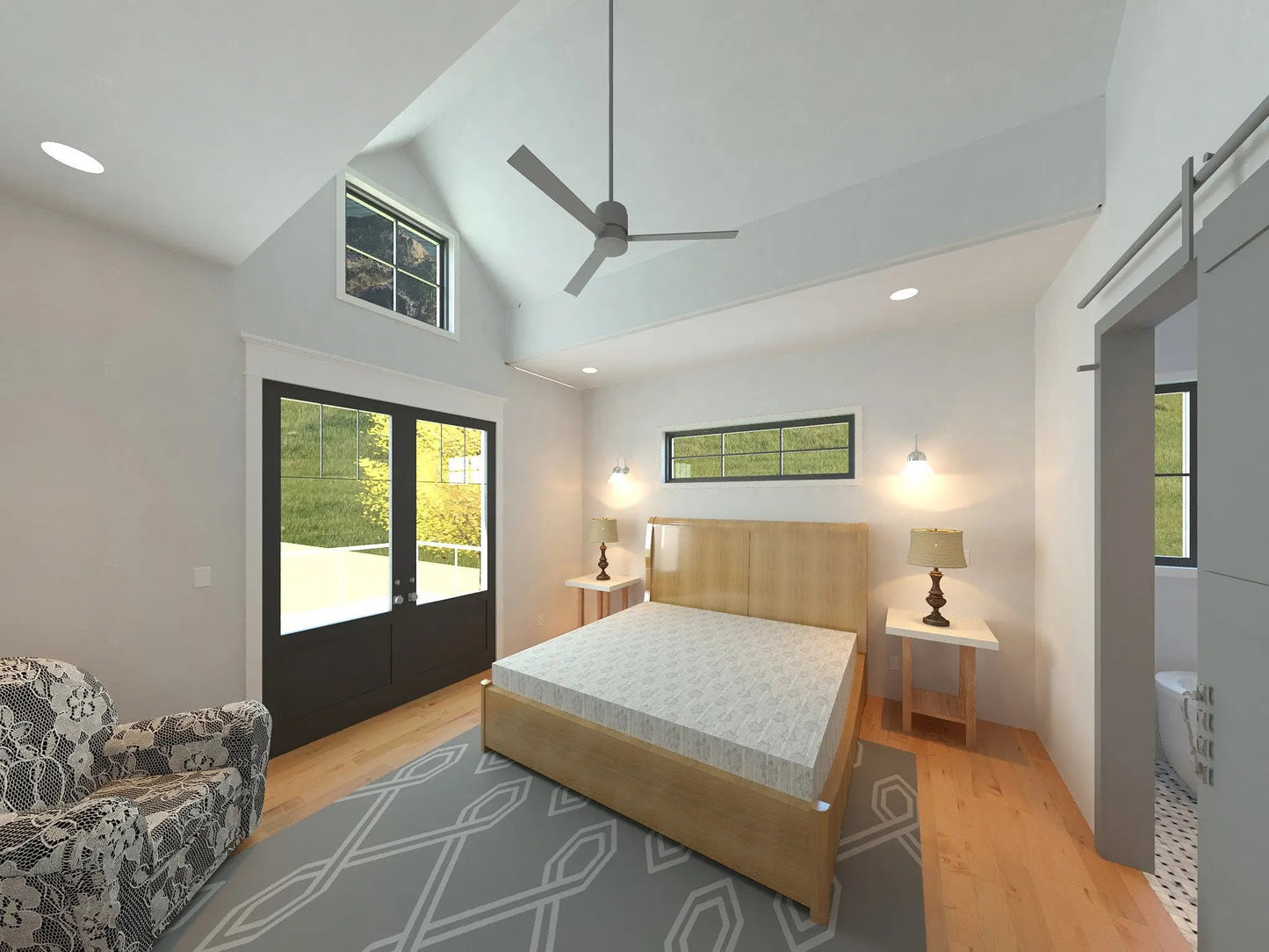 bedroom with high ceiling