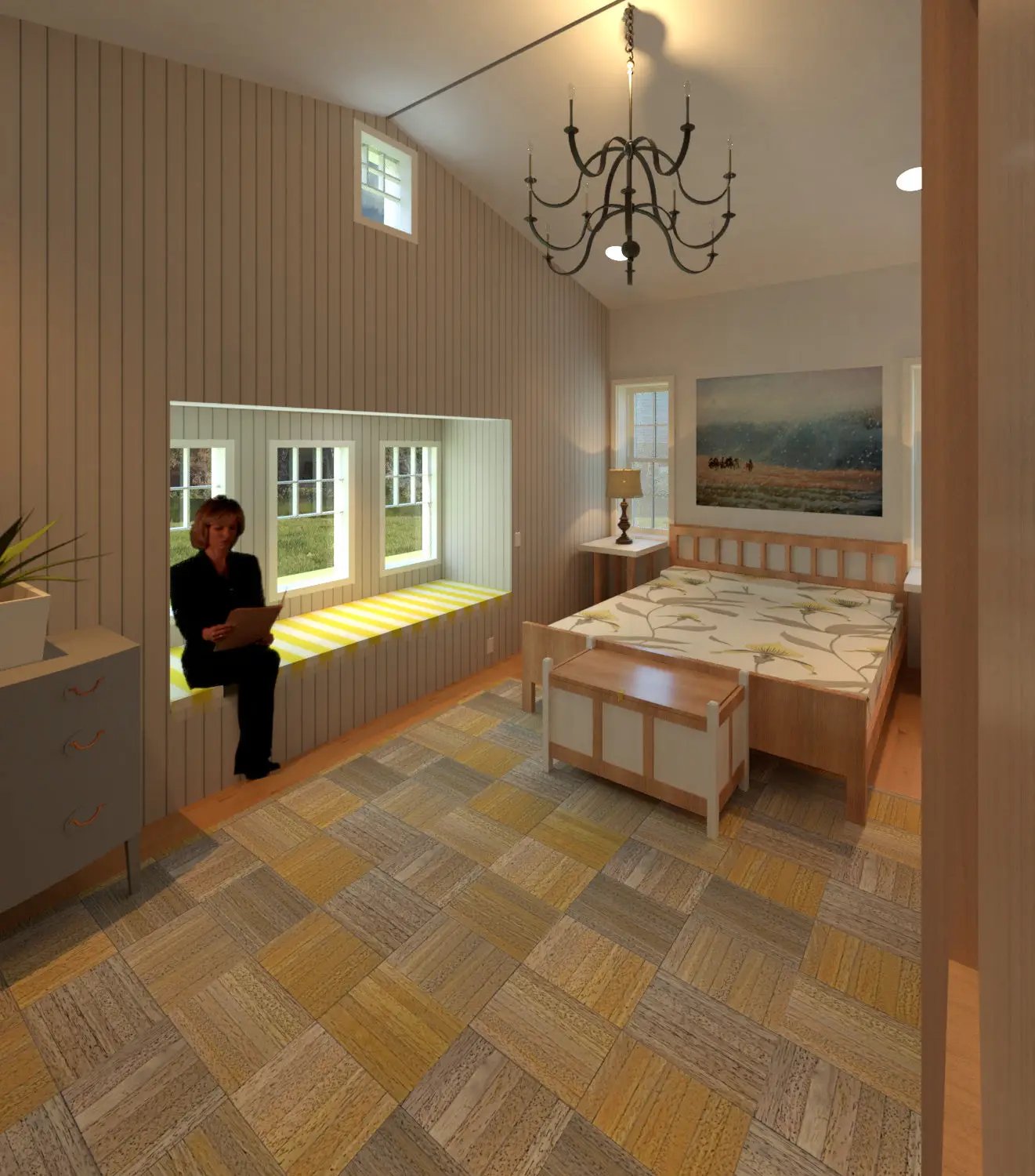a person standing in a bedroom with a bed and a chandelier