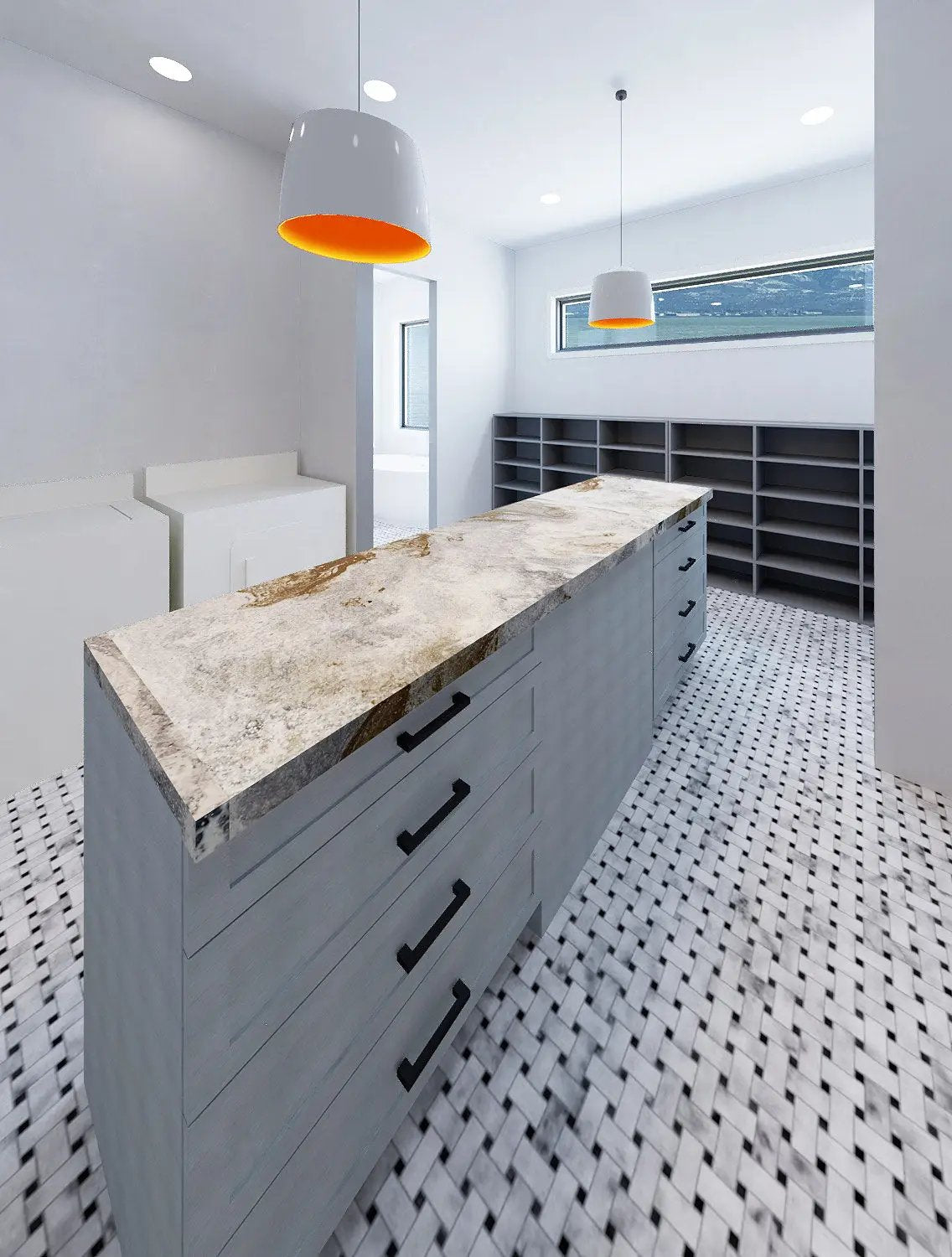 closet with laundry and island