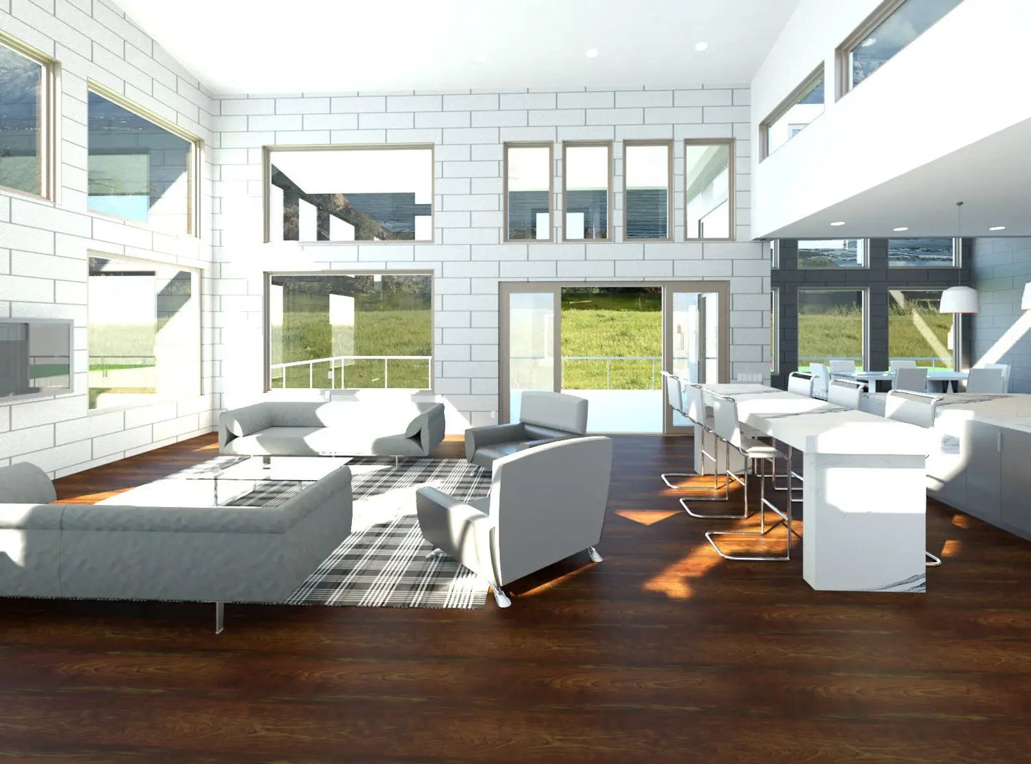 modern living room with high vaults and walkable deck