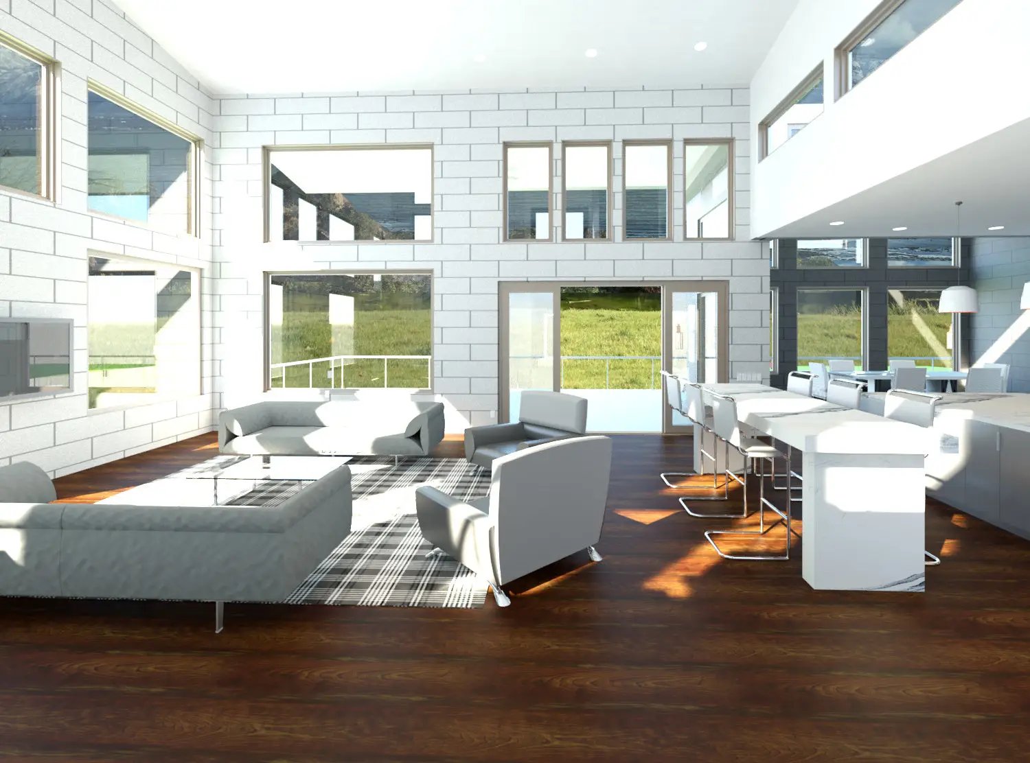 modern living room with high vaults and walkable deck