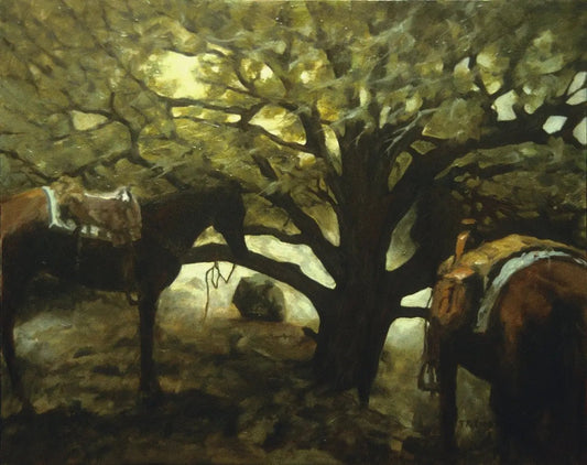 Landscape oil painting of horses under a cedar tree on Henry's Mountain backlit by the evening sun. Painted by artist Tanya Pilling.