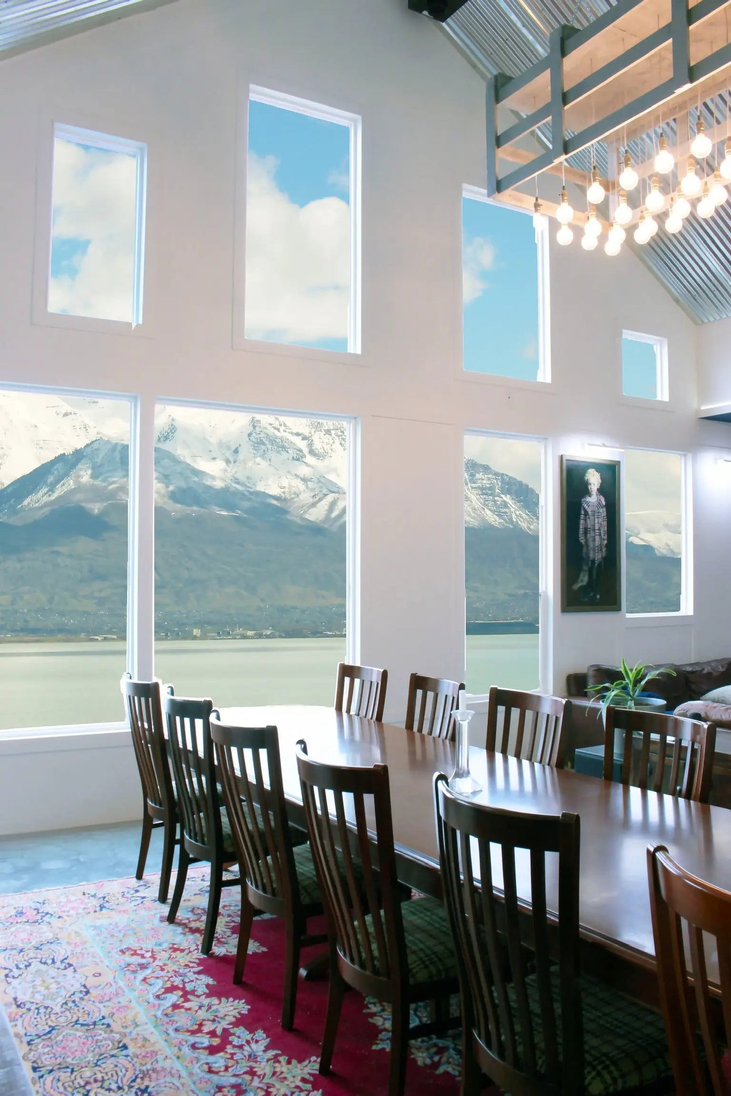 vaulted great room with metal ceiling