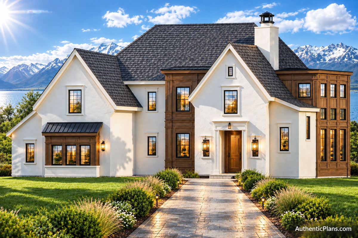 Front view of a modern two-story house with white and brown exterior walls, a gray shingled roof, a paved walkway, landscaped hedges, and snow-capped mountains in the background. AuthenticPlans.