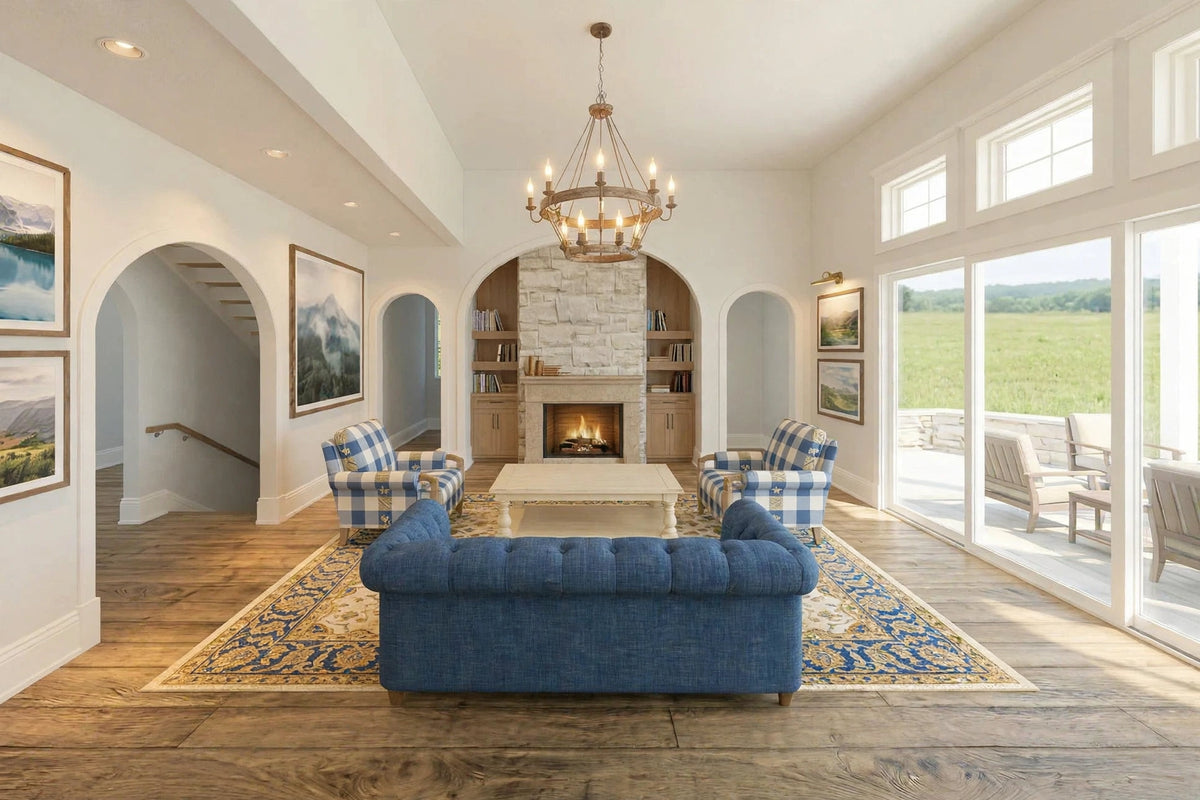 A bright, high-ceilinged living room with wood floors, a blue tufted sofa in the foreground, two blue-and-white plaid armchairs, a patterned area rug, a fireplace with a stone surround, and large windows looking out to a green field.