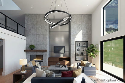 A modern living room interior with a large black circular chandelier hanging over a sectional sofa. The room features a high-ceilinged loft space with a concrete wall, fireplace, shelving, and large windows looking out to a grassy field.