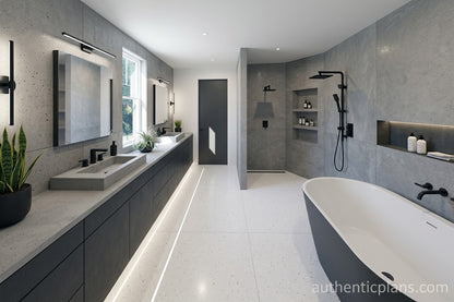 A modern bathroom interior with a long double vanity, large mirrors, a freestanding bathtub, and a walk-in shower area. The space has gray textured walls, white floors, and black fixtures.