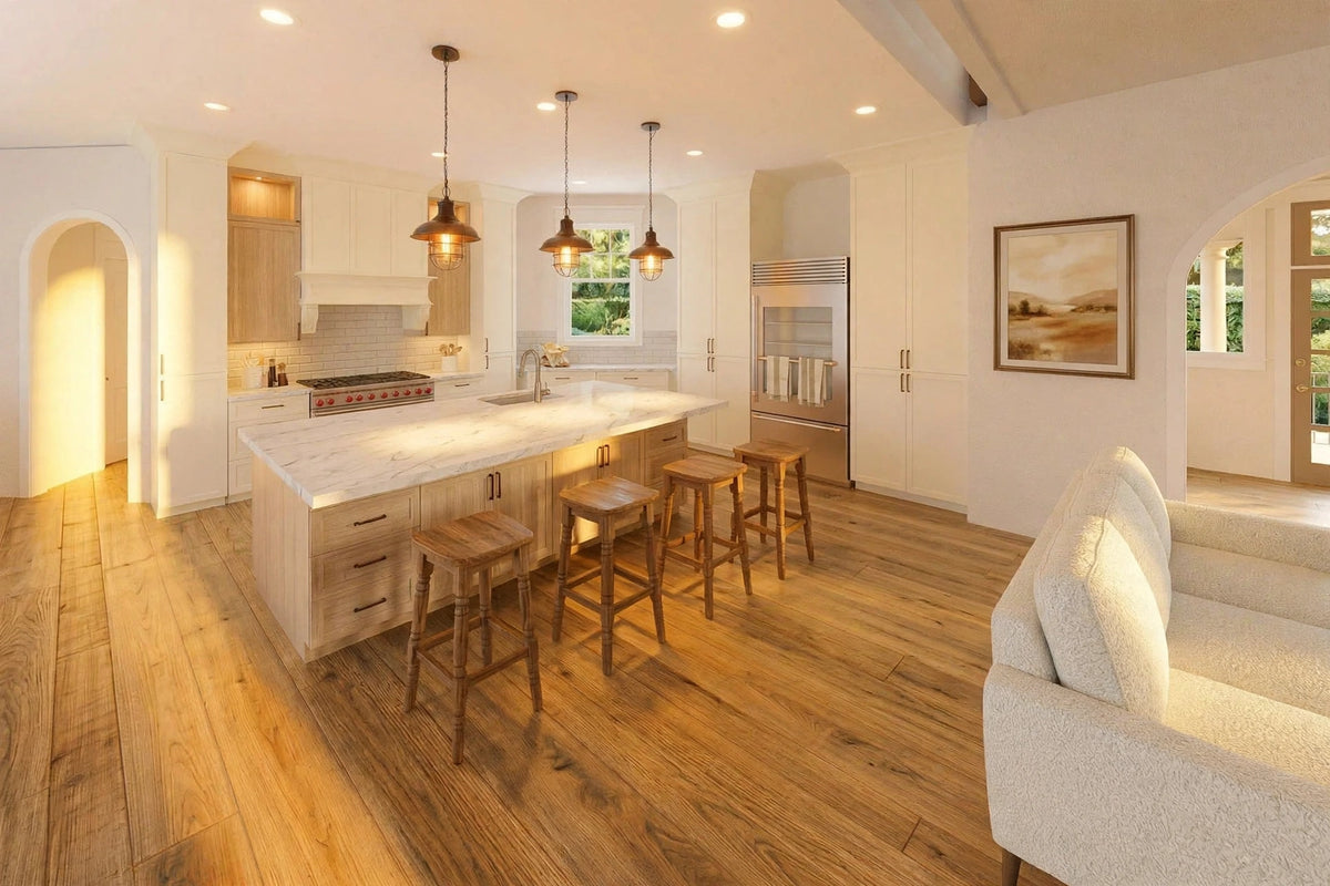 A bright, modern kitchen with a large central island, wooden bar stools, wood flooring, and warm white cabinetry. A white upholstered chair is visible in the foreground, and the room is lit by recessed ceiling lights and pendant lights.