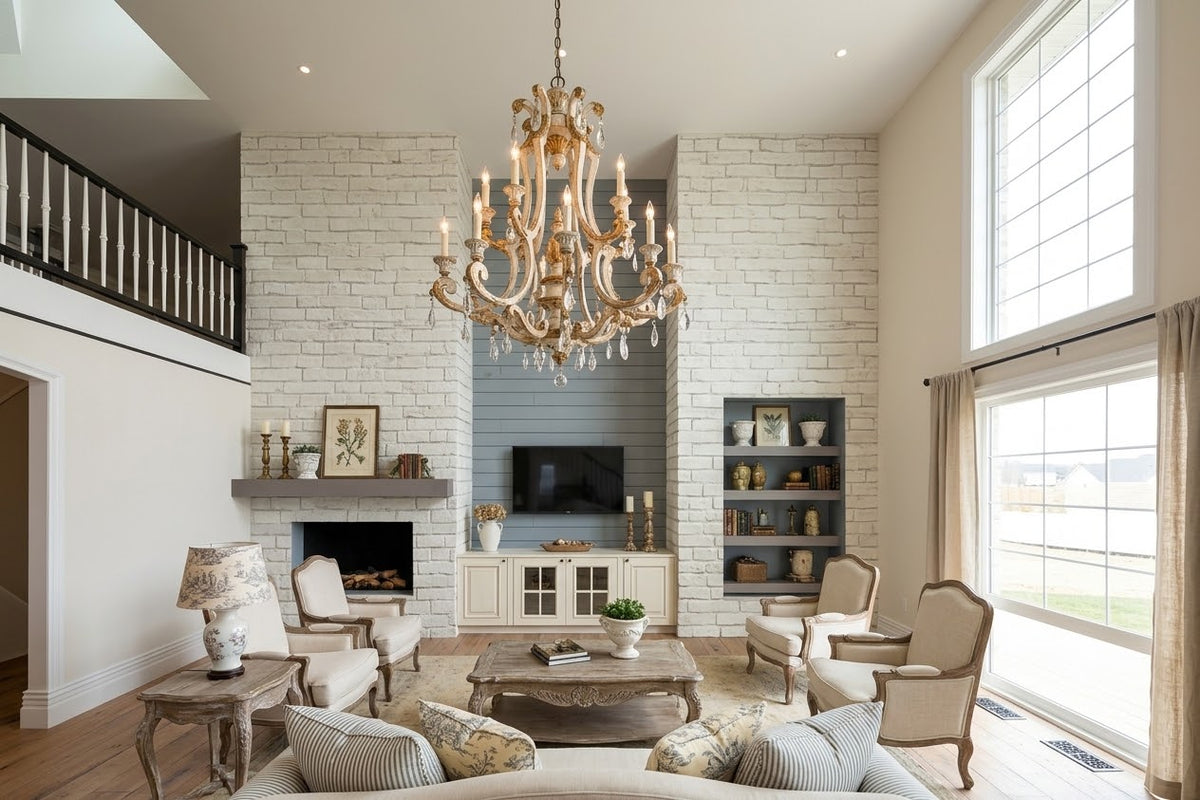 A large, elegant multi-light chandelier with gold-toned metal and clear crystal accents hangs in a bright, modern living room with a white brick fireplace and high windows.
