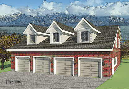 ADU House plan exterior, design by Authentic Homes in Utah. Colonial styling with red bric. Four garage bays and dormers.