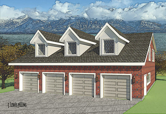 ADU House plan exterior, design by Authentic Homes in Utah. Colonial styling with red bric. Four garage bays and dormers.