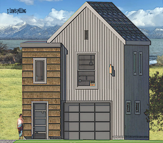House plan exterior designed by Authentic Homes in Utah. Features modern styling with a rustic flair. Grey board and batten and wood plank siding.