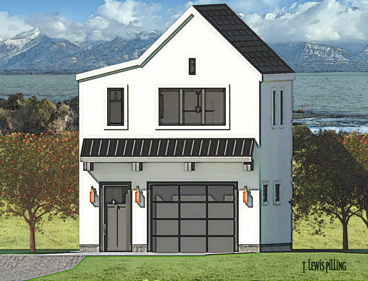 House plan exterior, design by Authentic Homes in Utah. Modern  styling with stucco. Steep gables and garage.
