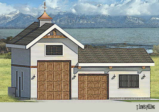 House plan exterior, design by Authentic Homes in Utah. Barn styling with siding and cupola. RV garage.
