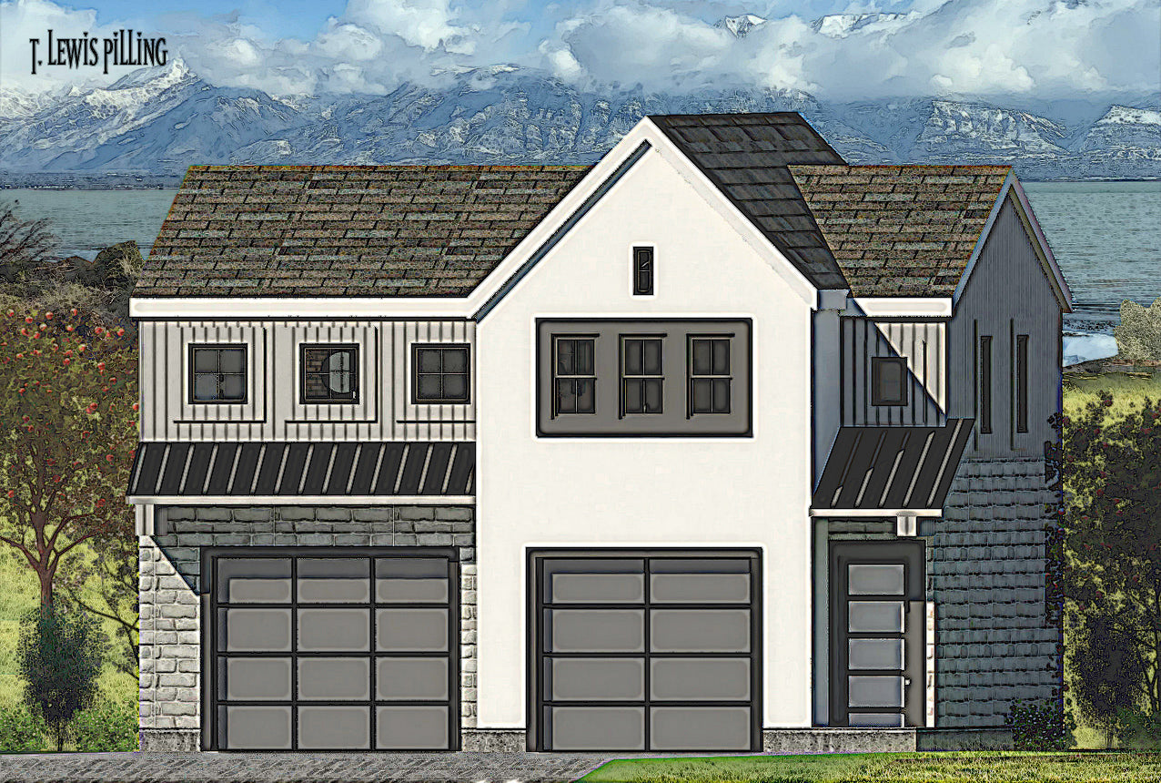 ADU House plan exterior, design by Authentic Homes in Utah. Modern styling with siding, stucco and stone. 