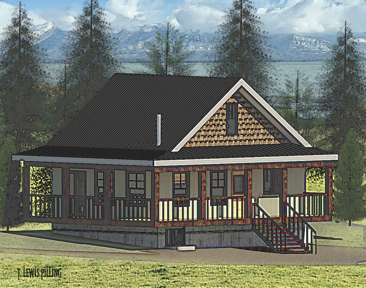 House plan exterior, design by Authentic Homes in Utah. Cabin styling with white stucco, shakes, wrap around deck.