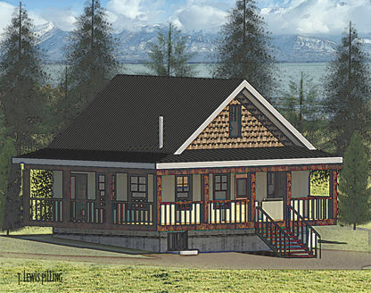 House plan exterior, design by Authentic Homes in Utah. Cabin styling with white stucco, shakes, wrap around deck.
