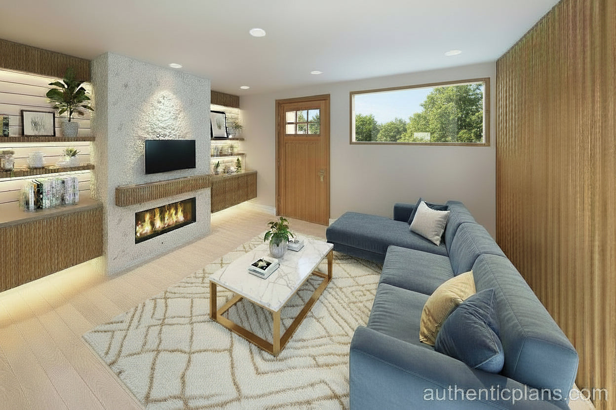 Modern living room with a fireplace, television, and comfortable seating. Remodel addition in Mapleton Utah