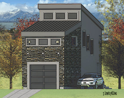 House plan exterior designed by Authentic Homes in Utah. Features modern styling with stucco and stone. Metal roof, garage bay and upper dormer.